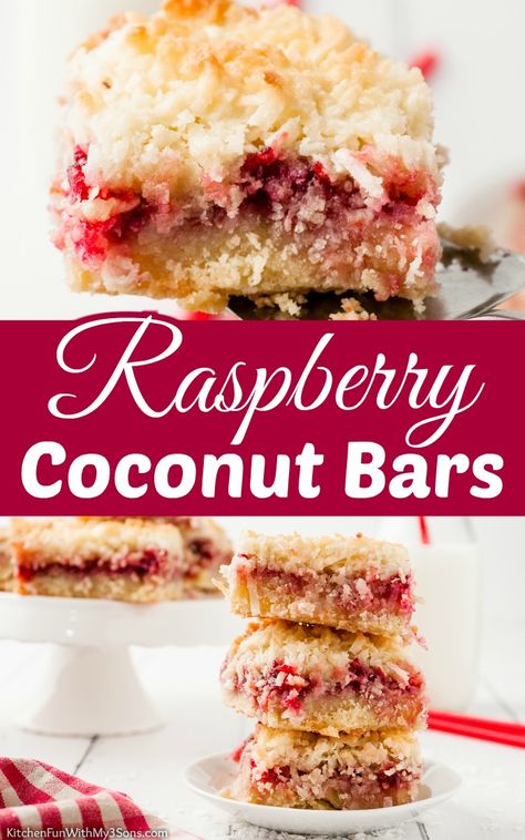 Homemade Raspberry Coconut Bars is a classic dessert and for good reason. Using a jam preserve and coconut flakes, this recipe for dessert bars has a buttery crust and a delicious coconut topping. Dessert Recipes #dessert #food #yummy #recipe #raspberry #coconut Coconut Squares Recipe, Raspberry Coconut Bars, Everyday Desserts, Coconut Squares, Coconut Tart, Raspberry Crumble, Fruit Bars, Raspberry Bars, Coconut Slice