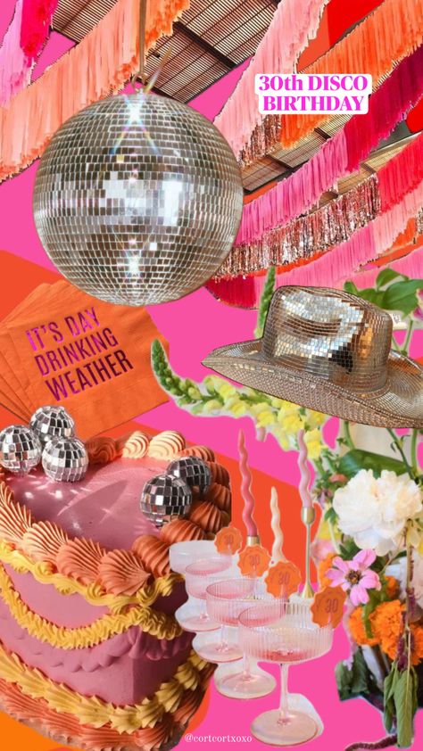 30 Birthday Disco Theme, 35 Theme Birthday Party, Groovy And Boozy Birthday, 30th Disco Birthday, Funky Disco Theme Party, Colorful 30th Birthday Party, Disco Summer Party, Girly Disco Party, Disco Birthday Aesthetic