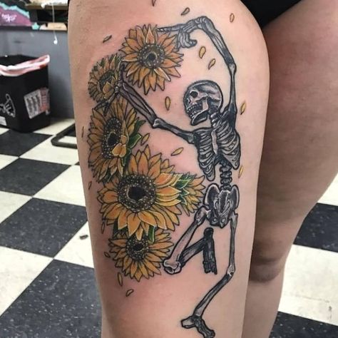 Skeleton and Sunflowers Tattoo | Tattoo Ideas and ... #tattooideas #sunflowertattoos Half Skull Half Sunflower Tattoo, Skeleton And Sunflower Tattoo, Dahlia Sunflower Tattoo, Trippy Sunflower Tattoo, Sunflower And Skull Tattoo, Skull And Sunflower Tattoo, Tattoo Ideas Female Sunflower, Sunflower Skull Tattoo, Skeleton Flower Tattoo