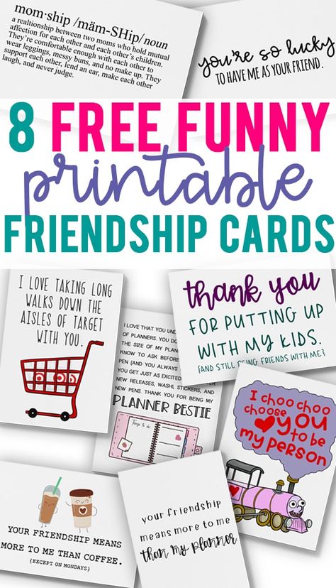 Funny Cards for Friendship. Download this set of 8 free funny printable friendship cards. They're perfect for a friend's birthday, Valentine's Day, happy mail, or just because. These aren't your Grandma's friendship cards. They're sarcastic and real. #friendship #freeprintables Birthday Cards Free Printable, Happy Birthday Friendship, Funny Cards For Friends, Friend Valentine Card, Friendship Funny, Free Printable Valentines Cards, Happy Birthday For Her, Happy Birthday Typography, Free Printable Birthday Cards