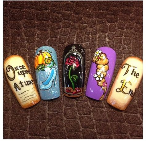 Disney storybook #nails Competition Nails, Beauty And The Beast Nails, Frozen Nails, Disney Princess Nails, Disney Inspired Nails, Disney Acrylic Nails, Disney Nail, Nails Flower, Popular Nail Art