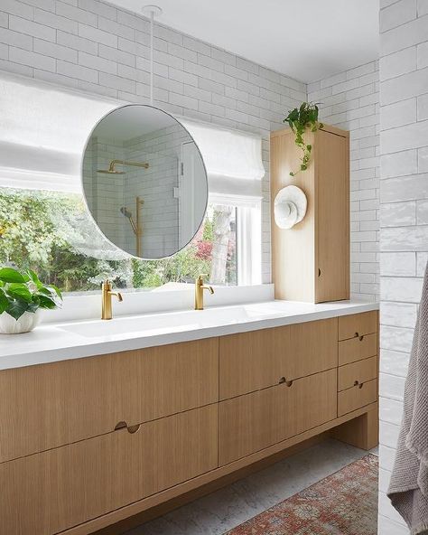 Mirror In Front Of Window, Floating Sink Vanity, Window Bathroom, Brass Sink Faucet, Powder Room Lighting, Waterfall Countertop, Marble Tile Backsplash, Collective Studio, Brass Faucets