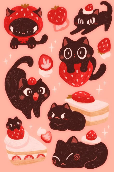 Kawaii Strawberry Aesthetic, Strawberry Aesthetic Art, Strawberry Cat Wallpaper, Strawberry Art Aesthetic, Stickers Kawaii, Jolie Photo, Kawaii Wallpaper, Cat Wallpaper, Cute Backgrounds