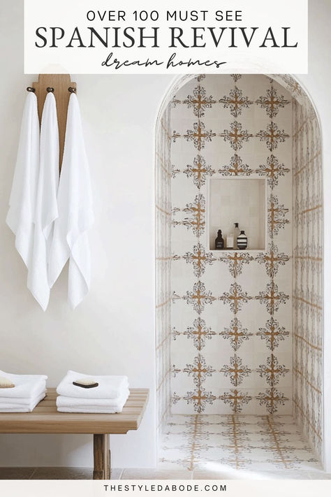 spanish revival bathroom Small Bathroom Remodel Spanish Style, Spanish Mediterranean Modern Interior, Spanish Inspired Bathroom Ideas, Small Spanish Bathroom Ideas, Modern Spanish Bathroom Design, Spanish Revival Bathroom Ideas, Spanish Themed Bathroom, Spanish Bungalow Bathroom, Modern Mediterranean Bathroom Ideas