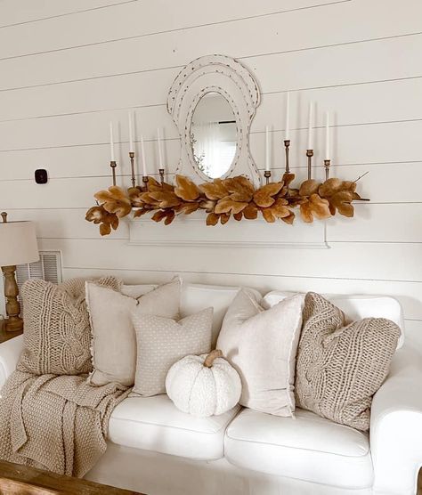 Fall Couch, Neutral Fall Decor Ideas, Fall Mantle Decor, Fall Mantle, Neutral Fall Decor, Fall Living Room, Cozy Fall Decor, Fall Decor Inspiration, Fall Thanksgiving Decor