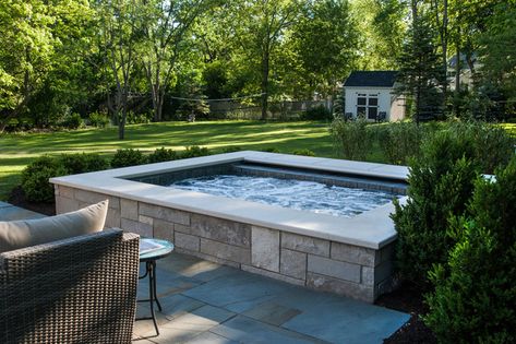 Glen Ellyn, IL Raised Stone Hot Tub - Traditional - Swimming Pool & Hot Tub - Chicago - by Platinum Poolcare | Houzz UK Outdoor Inground Hot Tub Ideas, Outdoor Hot Tub And Fireplace, Raised Spa Stacked Stone, Hot Tub Seating Area, Hot Tub On Sloped Yard, Stone Patio With Hot Tub, Gunite Hot Tub, Hot Tub Designs Outdoor, Hot Tub Built Into Deck