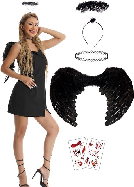 Dark Angles Halloween, Dark Fallen Angel, Angel Costume Women, Kids Angel Costume, Kid Halloween Costumes, Halloween Costumes Dress, Fallen Angel Wings, Angel Wings And Halo, Dark Angel Costume