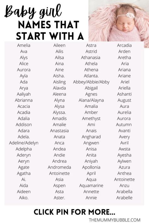 Cute baby girl names starting with A. A list of over 300 baby name ideas. Click the pin for more names and meanings Outfit Name Ideas, Baby Girl Names Starting With A, Baby Names That Start With A, Girl Names That Start With A, Baby Names Starting With A, Names With S, H Names, Girl Names With E, Names For Baby Girl