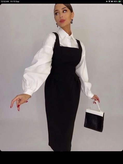 White Shirt Under Dress Outfit, Under Dress Outfit, Shirt Under Dress Outfit, Pinafore Dress Outfit, Shirt Under Dress, Office Wears, Cute Professional Outfits, Cargo Outfit, Modest Dresses Fashion