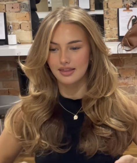 Bouncy Blowout Medium Hair, Victoria Secret Bombshell Hair, Bombshell Haircut, 90s Hair Color, Victoria Secret Haircut, Victoria Secret Blowout Hair, Low Matienence Blonde, Light Brown Hair Blowout, Dark Blonde Blowout