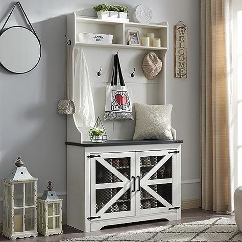 Versatile 3-in-1 Hall Tree: This Farmhouse Entryway Bench combines a coat rack, shoe storage bench, and storage cubby to offer a comprehensive solution for organizing your entryway or hallway area. ​With this versatile piece of furniture, you can fulfill a variety of storage needs without multiple items. Mudroom Storage Cabinet, Farmhouse Entryway Bench, Narrow Hall Tree, Farmhouse Hall Trees, Bench With Coat Rack, Shoe Cubbies, Hallway Shoe Storage, Shoe Cubby, Entryway Coat Rack