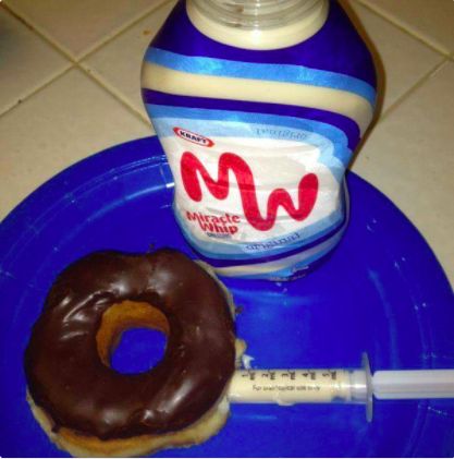 And if neither of those doughnut pranks go far enough for you, there's the ol' donut with mayo-filling prank. House Pranks, Best April Fools Pranks, Evil Pranks, Funny April Fools Pranks, Food Pranks, Pranks To Pull, April Fools Day Jokes, Best April Fools, April Fool's Prank