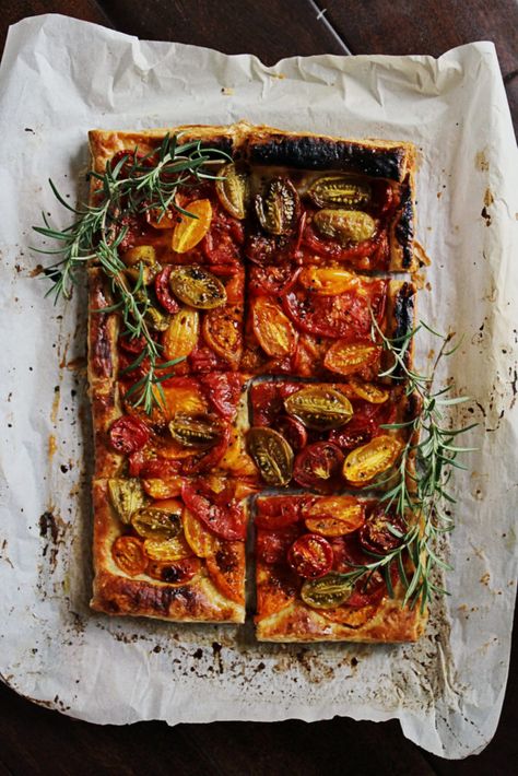 End of Summer Tomato Tart on Puff Pastry - siegefoodphotoblog.com Puff Pastry Tomato Tart Recipe, Pesto Tart, Summer Solstice Meals, Puff Pastry Tomato, Tomato Mozzarella Tart, Summer Puff Pastry Recipes, Tart Savory, Tomato Puff Pastry Tart, Tomato Puff Pastry