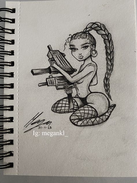 #baddie #gun #aesthetic #drawing #drawingideas #pencil #pencilart Weird Pencil Drawings, Baddie Drawings Pencil, Baddie Sketches, Drawing Baddie, Baddie Drawings Sketch, Baddie Drawings, Drawing 101, Badass Drawings, Chicano Style