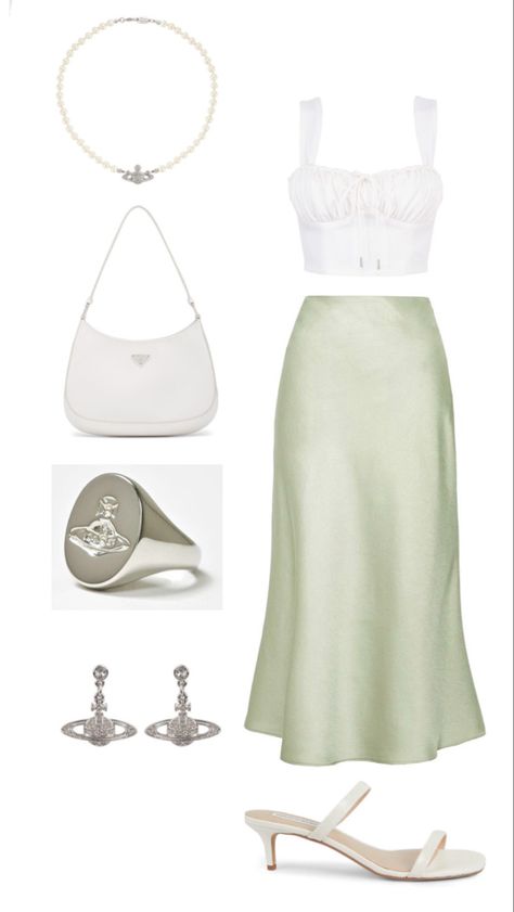 Green Outfit Dress To Impress, Sage Green Skirt Outfit, Silky Outfit, Wag Outfits, Sage Green Skirt, Green Skirt Outfit, Sage Green Outfit, Green Skirt Outfits, Green Outfits