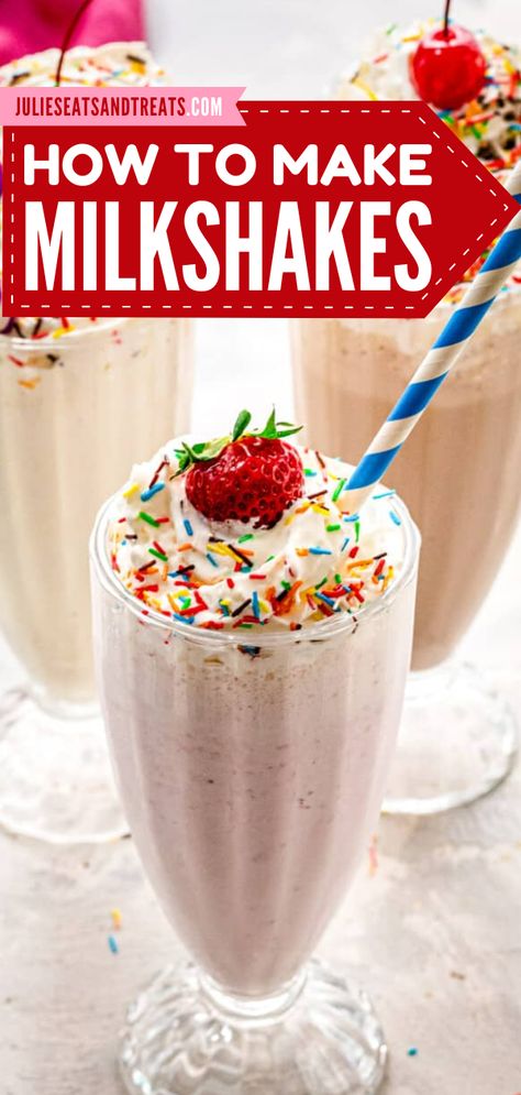 Learn how to make a milkshake at home from scratch! We will teach you how to make delicious vanilla, strawberry and chocolate milkshakes plus give you ideas for more flavors and combinations. The possibilities are endless.  This dessert couldn’t be easier and is perfect anytime of year. Easy Spring Treats, Milkshake At Home, Homemade Milkshake Recipe, Strawberry Recipes Easy, Creative Drinks, Milkshake Recipe Easy, Homemade Milkshake, Strawberry And Chocolate, Milkshake Flavours