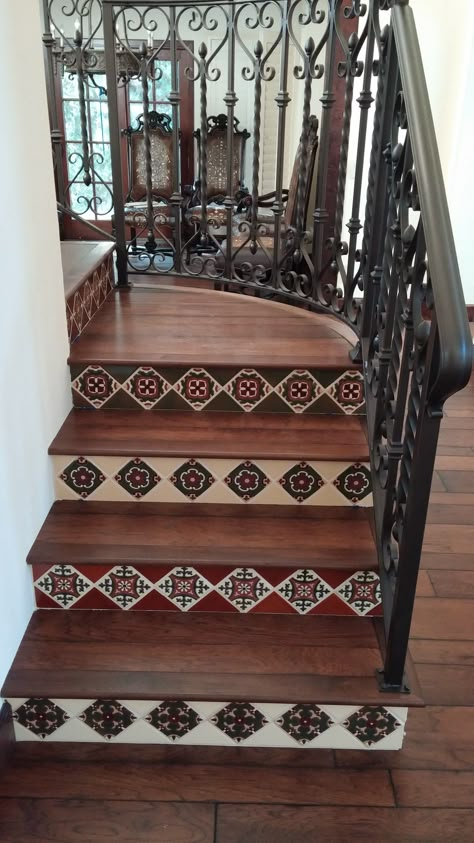 Talavera Staircase, California Staircase, Athangudi Tiles Interiors, Mexican Tile Stairs, Tiled Staircase, Tile Steps, Spanish Home Decor, Tile Stairs, Stairway Design