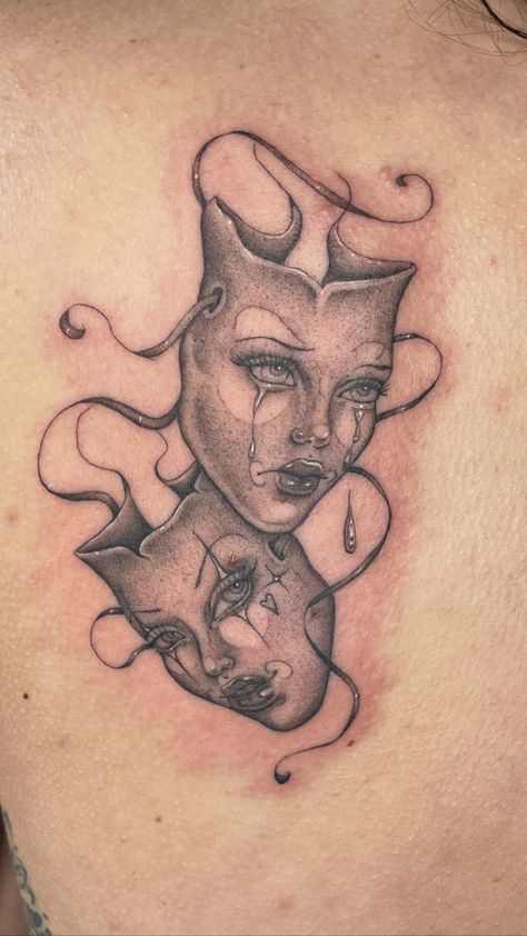 Theater Mask Tattoo, Aquarius Symbol Tattoo, Theatre Tattoo, Word Tattoo Ideas, Rose Tattoo Thigh, Medusa Tattoo Design, Drama Masks, Aquarius Tattoo, Word Tattoo