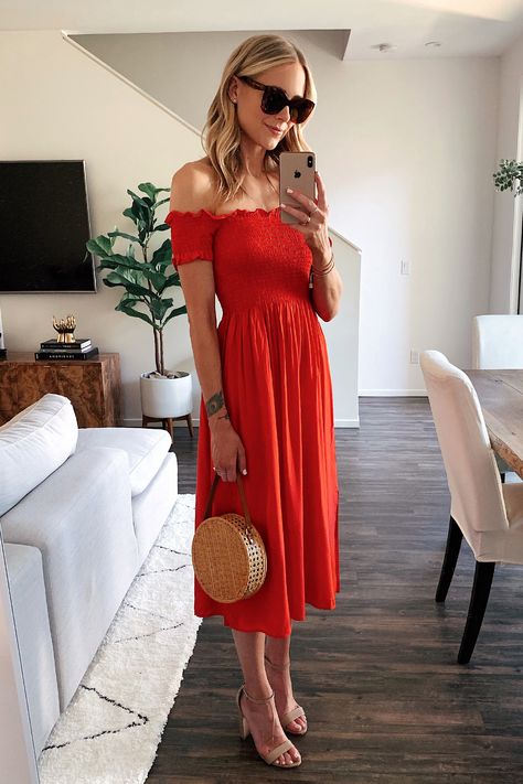 Fashion Jackson Wearing Red Off the Shoulder Midi Dress