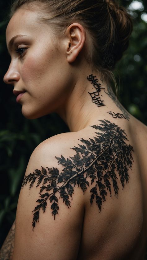 A striking black ink tattoo on the side of the ribcage with the phrase 'let them' in bold font, surrounded by a tree design, viewed from a side angle emphasizing the body's curves. Tattoo On The Side, Delicate Fonts, Monochrome Tattoo, Black Ink Tattoo, Ribcage Tattoo, Embrace Nature, Black Ink Tattoos, Bold Fonts, Body Curves