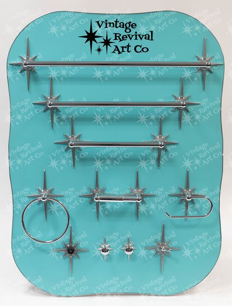 Starburst Bathroom, Bathroom Mid Century, Vasos Vintage, Mid Century Bathroom, Motif Art Deco, Atomic Starburst, Vintage Revival, Towel Racks, Ideas Hogar