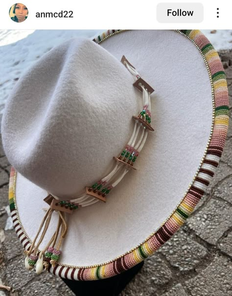 Native American Hat Bands, Beaded Hat Brims, Beaded Fedora Hat, Beaded Beach Hat, How To Bead A Hat Brim, Beaded Hats Native American, Hat Bands Diy Ideas, Beaded Hat Brim, Hat Branding