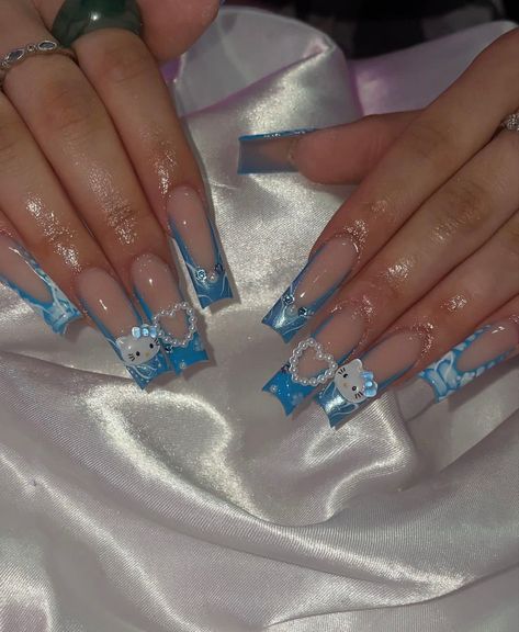 Nails With Bling, Baby Blue Acrylic Nails, Quinceanera Nails, Baby Blue Nails, Blue Acrylic Nails, Colored Acrylic Nails, Cute Acrylic Nail Designs, Hello Kitty Nails, Pretty Gel Nails