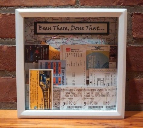 Ticket Stub Shadow Box. I've seen many versions of this; here is my take on it. 8"-square shadow box from Michaels (actually a "wish bank" that has a nice size slot already cut in the top for additional tickets.) I used some map-print scrapbook paper and the phrase "Been There, Done That...". Travel Decor Ideas, Ticket Display, Diy Wedding Guest Book, Cuadros Diy, Diy Shadow Box, Been There Done That, Ticket Stub, Travel Keepsakes, Ticket Stubs