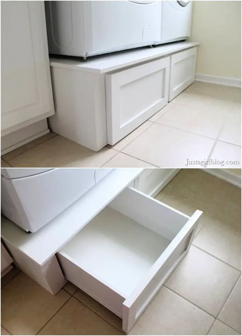 Diy Laundry Pedestal (20 Ways To Build) Diy Laundry Stand, Washer And Dryer Pedestal With Drawers, How To Build A Washer And Dryer Pedestal, Washer Pedestal Diy, Washer Dryer Pedestal Diy, Laundry Pedestal Diy, Washer And Dryer Pedestal Diy, Diy Laundry Pedestal Platform, Diy Pedestal For Washer And Dryer