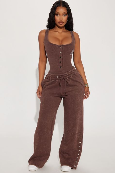 Available In Charcoal. Wide Leg Pant Elastic Drawstring Waistband Button Detail Washed Stretch Pair Back To "New York Washed Bodysuit" 60% Cotton 40% Polyester Imported | New York Washed Sweatpant in Brown size Large by Fashion Nova Wide Leg Sweatpants Outfit, Jordan Sweatpants, Sweatpants Outfit, Fashion Nova Outfits, Wide Leg Sweatpants, Sweater Jumpsuit, Dope Tattoos, Wide Leg Pant, Inspired Outfits