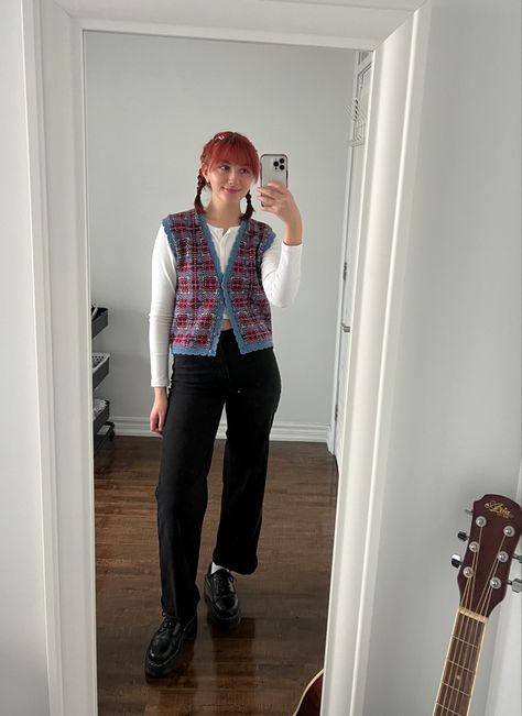 Thrifted outfit, grandpa vest, red hair, winter outfit inspiration, aesthetic, thrifted, thrifting inspiration, thrift, cute and comfy outfits Grandpa Outfit Aesthetic, Grandpa Aesthetic Outfit, Red Hair Winter, Cute And Comfy Outfits, Grandpa Aesthetic, Grandpa Outfit, Hair Winter, Thrifted Outfit, Vest Outfit