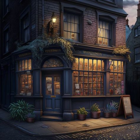 Fantasy Bookstore Concept Art, Magic Shop Exterior, Fantasy Shop Aesthetic, Fantasy Shop Exterior, Fantasy Antique Shop, Fantasy Book Store, Fantasy Workshop, Fantasy Shop, Fantasy Rooms