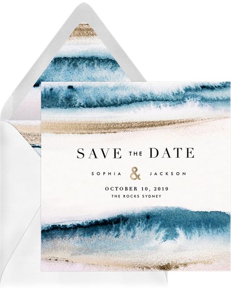 Contemporary Waves by Claudia Owen | Greenvelope.com Wedding Invitations For Beach Wedding, Ocean Wedding Inspiration, Beachy Wedding Invites, Ocean Save The Date, Beach Themed Save The Dates, Beach Wedding Website, Surf Wedding Invitations, Save The Date Ideas Beach Wedding, Sea Blue Wedding Theme