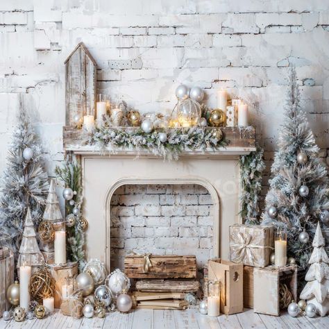 Kate Christmas Fireplace Tree Brick Wall Backdrop Designed by Emetselc Brick Wall Christmas Decor, Garland On Mantle, Farmhouse Christmas Mantle, Brick Backdrop, Fireplace Backdrop, Christmas Garland Mantle, Fireplace Tv Wall Decor, Christmas Fireplace Mantels, Brick Wall Backdrop