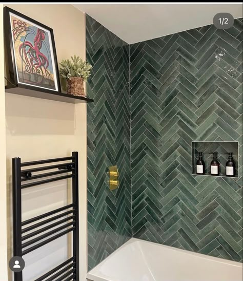 Green Herringbone Tile Bathroom, Subway Tile Ideas, Tiles Herringbone, Herringbone Tile Bathroom, Master Shower Tile, Herringbone Subway Tile, Dark Green Bathrooms, Green Tile Bathroom, Bathroom Inspiration Modern