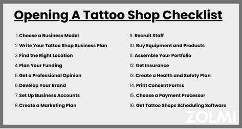 How To Open A Tattoo Shop in 2023 | zolmi.com Tattoo Shop Business Plan, Tattoo Shop Ideas Studios, Opening A Tattoo Shop, Tattoo Shop Names Ideas, Tattoo Prices Chart, Tattoo Supplies List, Tattoo Promotion Ideas, Everlasting Tattoo, Tattoo Apprenticeship Portfolio