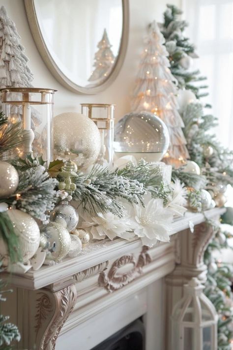 40 Wood Mantel Ideas to Enhance Your Fireplace White Christmas Mantle Ideas, Nativity Mantel Ideas, White And Gold Fireplace, Christmas Decor Ideas Fireplace Mantles, White Fireplace Decor, White Christmas Mantle, Christmas Mantels Rustic, Decorated Mantels, Christmas Mantles Ideas Fireplaces