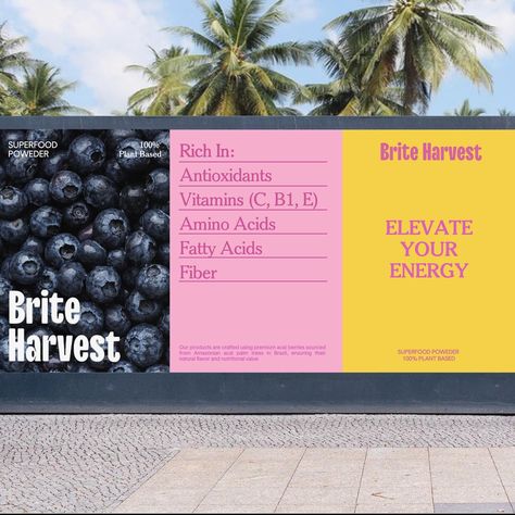 Brite Harvest🫐 - Brand identity design. A fast growing company specialising in the production of high quality açai products. The products are crafted using premium acai berries sourced from Amazonian acai palm trees in Brazil, ensuring their natural flavor and nutritional value The main idea of branding is to brighten up routine and boost energy. Contrasting fonts and color palette are selected to add boldness into the brand. As a graphic approach, text (phrases reflecting the brand idea) and minimalist illustrations depicting various emotions are used. Acai Branding, Acai Bar, Acai Palm Tree, Acai Drink, Emotional Branding, Brand Brief, Probiotic Yogurt, Nutrition Branding, Drinks Brands