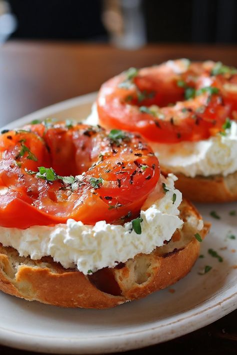 toasted bagel with whipped cottage cheese and fresh sliced tomatoes Cottage Cheese And Tomato Toast, Whipped Cottage Cheese, Toasted Bagel, Cottage Cheese Recipes Healthy, Tomato Toast, Food Collage, Sliced Tomatoes, Cheese And Tomato, Cheese Bagels