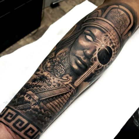 Aztec Sleeve Tattoo Women, Aztec Forearm Tattoo For Men, Ollin Aztec Tattoo, Mayan Warrior Tattoo, Mayan Art Tattoo, Aztec Armor, Mexican Tattoo Ideas For Men, Mexican Tattoo Ideas, Mexican Heroes