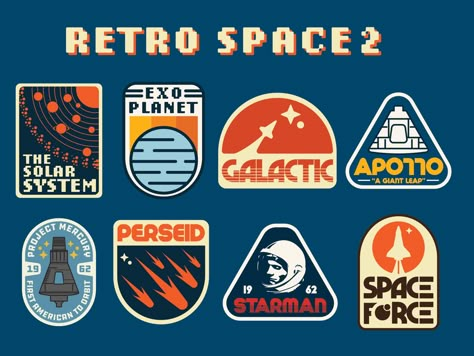 Retro Space Badges: Part 2 Space Badge Design, Retro Badge Logo, Retro Patch Design, Retro Space Graphic Design, Retro Futurism Logo, Cosmic Branding, Nasa Graphic Design, Badge Shapes, Retro Space Art