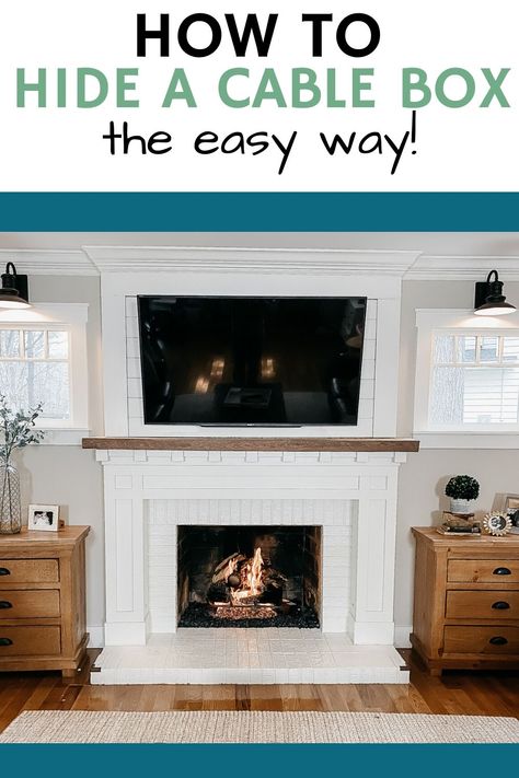 How to hide a cable box ideas. Step by step instructions on how to hide a cable box with a mounted TV. Hiding Tv Cords On Wall Fireplaces, Tv Mounted Above Fireplace, Tv Mount Over Fireplace, Hide Tv Over Fireplace, Tv Over The Fireplace, Above Fireplace Ideas, Hide Tv Cords, Hide Tv Cables, Hide Cable Box