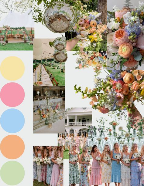 Boho Wedding Spring Colors, Vibrant Pastel Wedding, Mccall Mitchell Wedding, Wildflower Wedding Mood Board, Spring Palette Wedding, Garden Wedding Colorful, Wildflower Color Pallet, Wedding Activations, Mismatched Bridesmaid Dresses Pastel