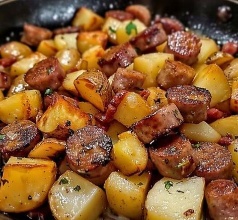 Savory Sausage and Potatoes Skillet Recipe: A One-Pan Dinner in Under 30 Minutes - NewsBreak Sausage Potato Skillet Recipes, Potato And Sausage Skillet, Sausage Potatoes Skillet, Smoked Sausage And Potatoes Skillet, Keilbasa Recipes Dinner, Sausage And Potatoes Skillet, Potatoes Skillet, Golden Potatoes, Sausage And Potatoes