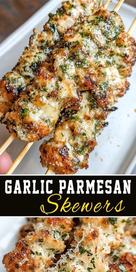 🧄 Looking for an appetizer that wows? These Garlic Parmesan Skewers are perfect for any occasion! Cheesy, savory, and so easy to make. Great for family dinners or entertaining guests 🎉✨. Save this recipe now! 🍢💛 #PartyFood #GarlicLovers #AppetizerIdeas #FoodieFavorites Appetizer Recipes With Chicken, Appetizer Dinner Night, Garlic Parmesan Skewers, Garlic Parmesan Chicken Skewers Air Fryer, Chicken Tender Appetizers, Savory Dinner Ideas, Appetizer Dinner Party, Charcuterie Skewers Party Appetizers, Finger Food Dinner Ideas