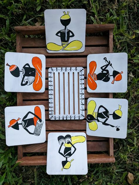 Tea Costers Painting, Warli Painting Tea Coasters, Pichwai Paintings Coasters, Pichwai Coasters, Hand Painted Tea Coasters, Coaster Art, Tea Coaster, African Art Paintings, Indian Art Paintings