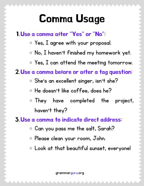 Proper comma usage is an essential aspect of grammar as it helps convey meaning effectively and ensures that sentences are clear and well-structured. Grammar Anchor Charts, Punctuation Worksheets, Random Tips, Study English Language, Study English, Sentence Structure, Grammar Worksheets, Writing Lessons, English Study