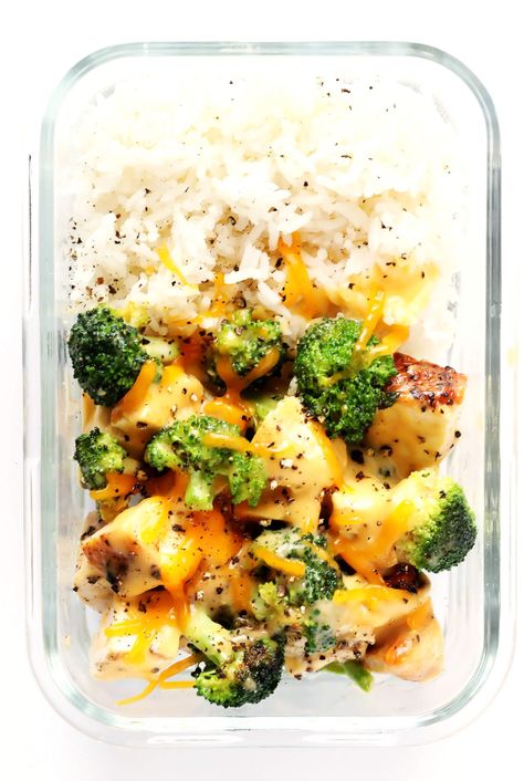 Cheesy Broccoli, Chicken and Rice Bowls (Meal Prep) - Gimme Some Oven Rice Bowls Meal Prep, Cheesy Broccoli Chicken And Rice, Chicken And Rice Bowls, Broccoli Chicken, Cheddar Cheese Sauce, Cheesy Broccoli, Rice Bowls Recipes, Easy Healthy Meal Prep, Prepped Lunches