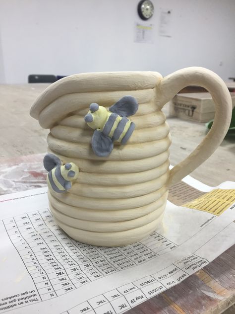 Coiled Honey bee jug with mustard, citrus and black coloured glazes ready for firing. Glazes from #scarvapottery Bee Mug Ceramics, Coil Pots Ideas Creative, Coil Mug, Bee Ceramics, Coil Pot, Ceramic Creations, Coil Pots, Ceramics Art, Ceramics Ideas