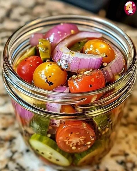 EASY & DELICIOUS DIABETIC RECIPES | Pickled Cherry Tomatoes, Red Onions, and Cucumbers | Facebook Pickled Cherry Tomatoes, Pickled Cherries, Growing Veggies, Bariatric Recipes, Red Onions, Pickling Recipes, Easy Delicious, Preserving Food, Red Onion